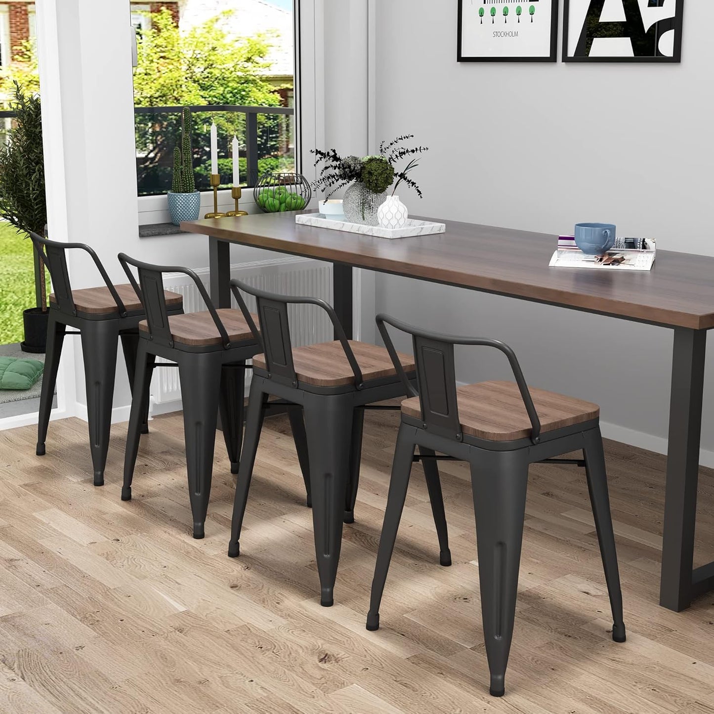 Yongchuang 24" Metal Barstools Set of 4 Counter Bar Stools with Wood Top Low Back Matte Black