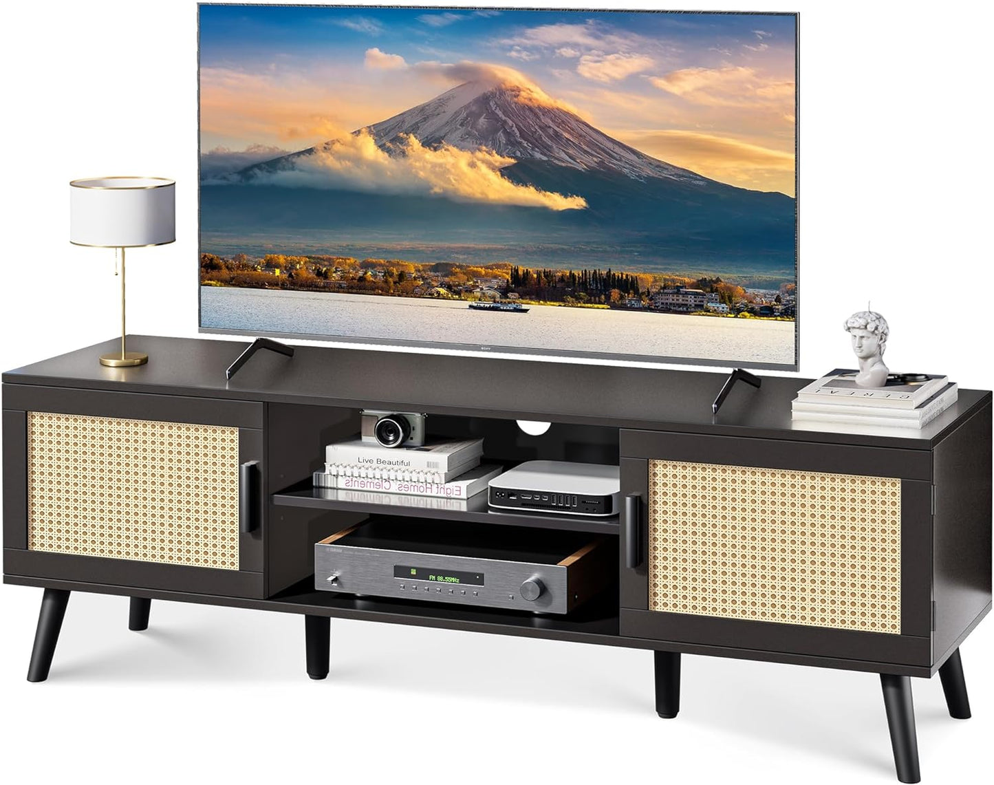 SUPERJARE Boho TV Stand for 65 Inch TV, Entertainment Center with Adjustable Shelf, Rattan TV Console with 2 Cabinets, Media Console, Solid Wood Feet, 4 Cord Holes, for Living Room - Natural