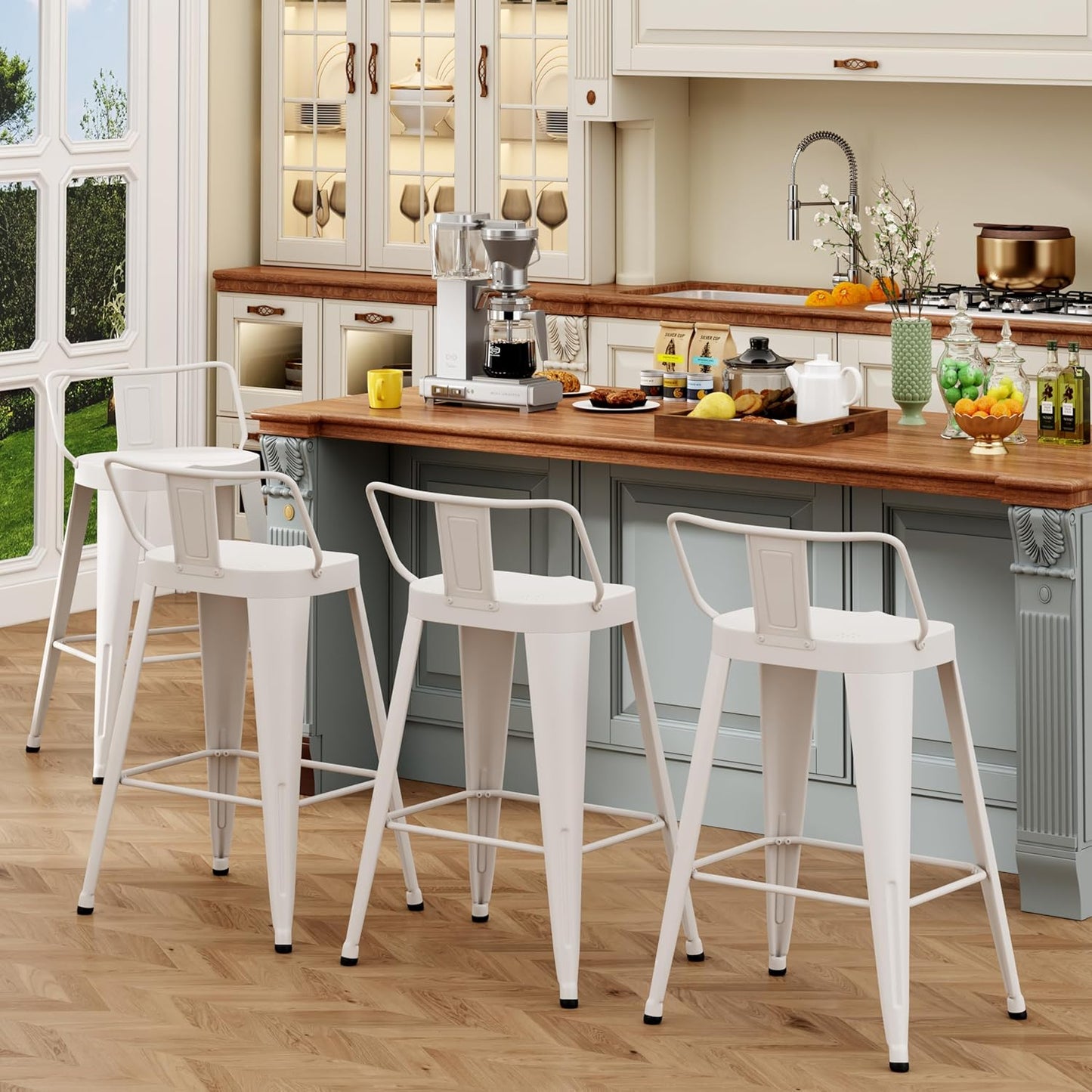 ALISH 24 Inch Bar Stools Set of 4, Industrial Metal Barstools Farmhouse Bar Chairs with Large Seat for Kitchen Island (24 Inch, Black)