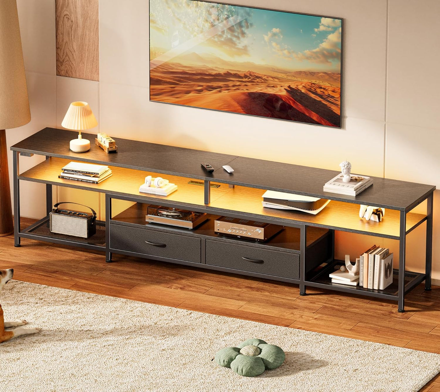 Huuger TV Stand for 65 70 Inch TV, Entertainment Center with Power Outlets and LED Lights, TV Console for Living Room, Media Console with Drawers and Shelves, Black