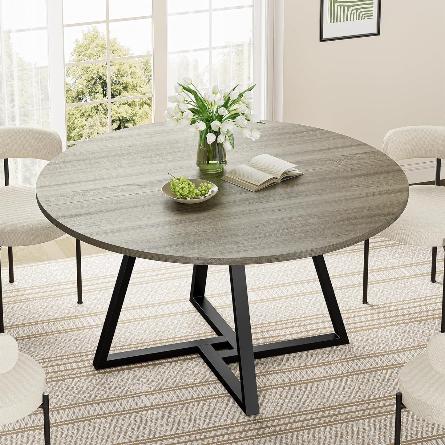 IRONCK 51" Round Dining Table for 6, Wood Kitchen Table with Metal Base, Space Saving Industrial Circle Dinner Table for Kitchen Dining Room, Gray