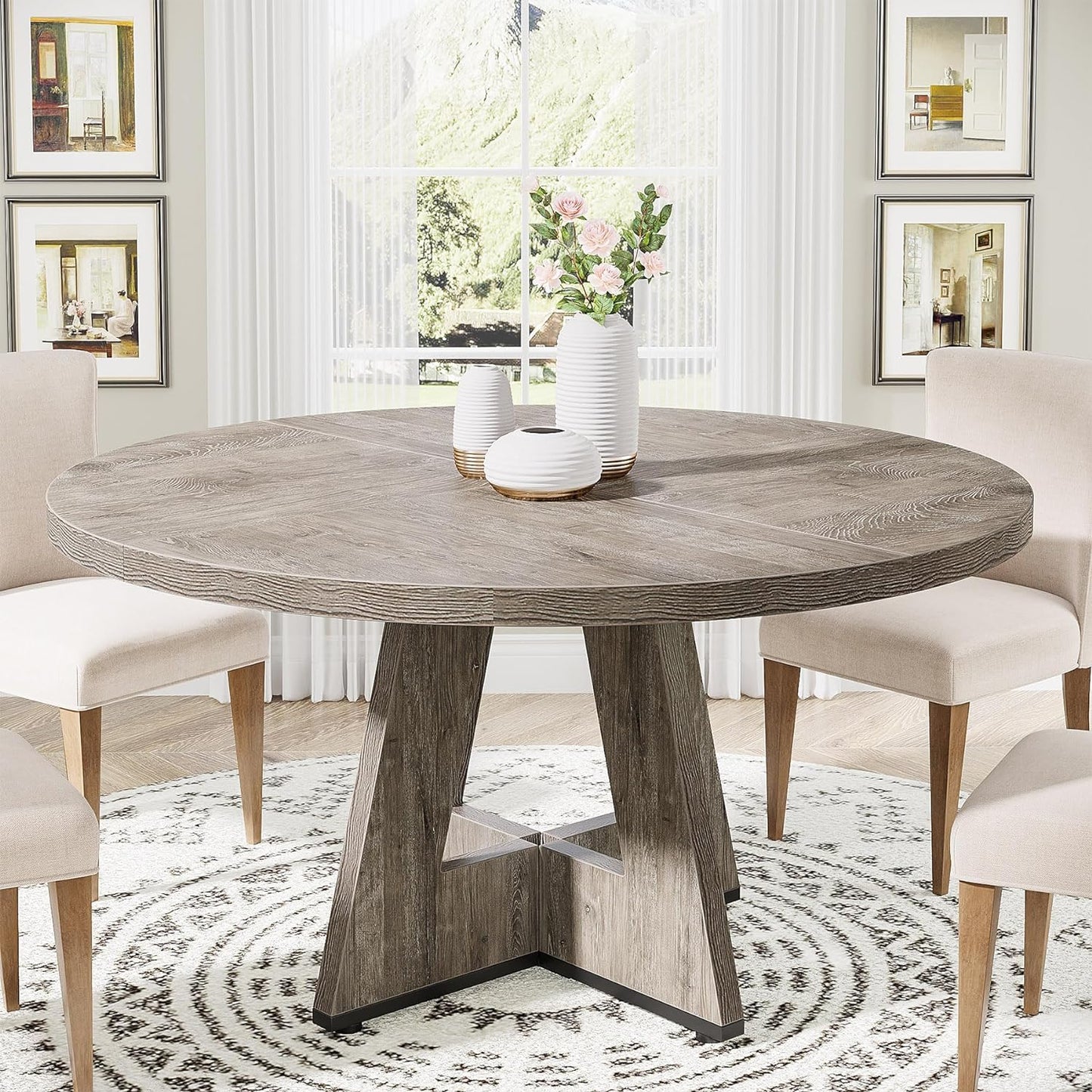 Tribesigns Round Dining Table Wood Kitchen Table for Dining Room, 47 in Dinning Room Tables for 4 Man, Farmhouse Dinner Table with Wooden Tabletop and Cross Base, Black