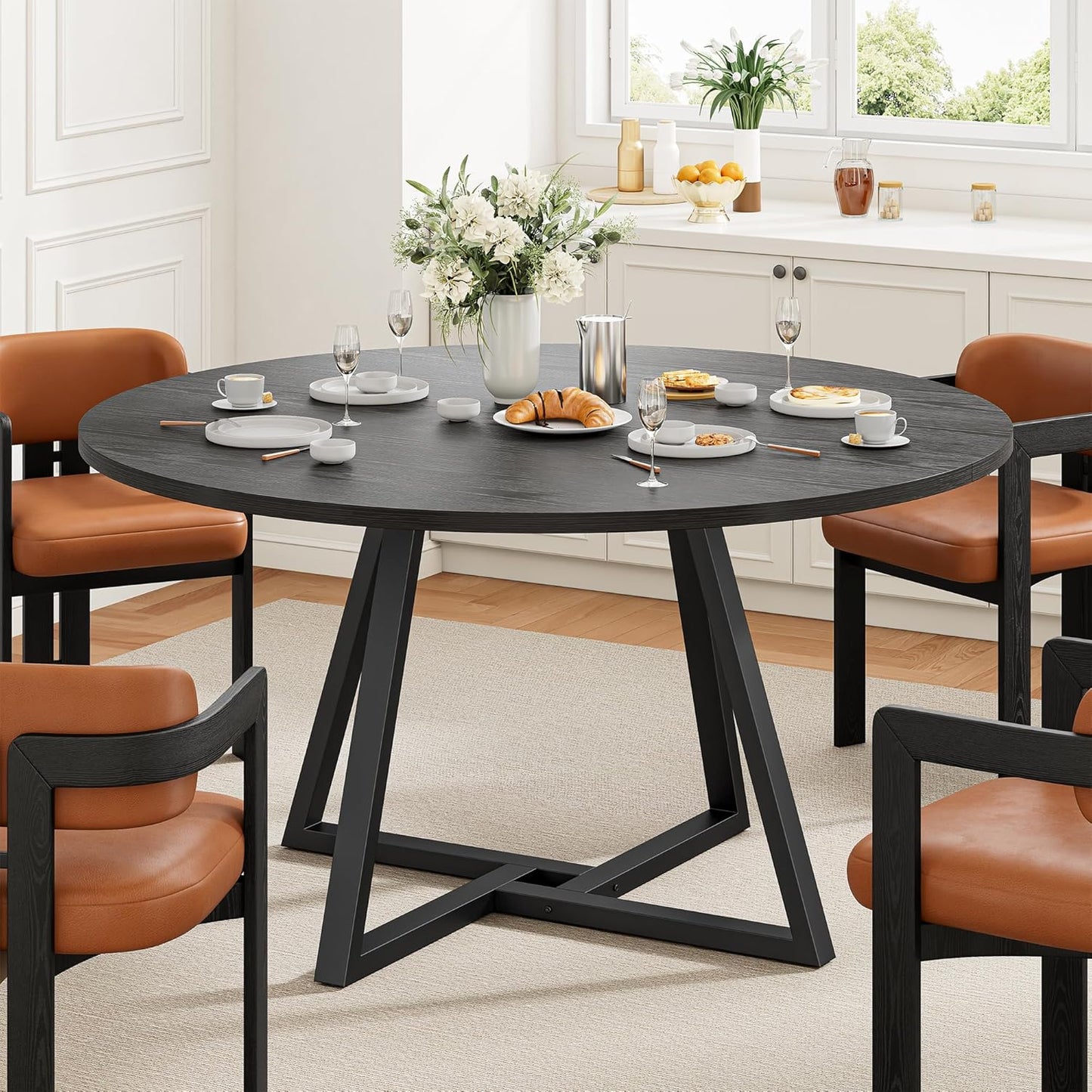 IRONCK 51" Round Dining Table for 6, Wood Kitchen Table with Metal Base, Space Saving Industrial Circle Dinner Table for Kitchen Dining Room, Gray