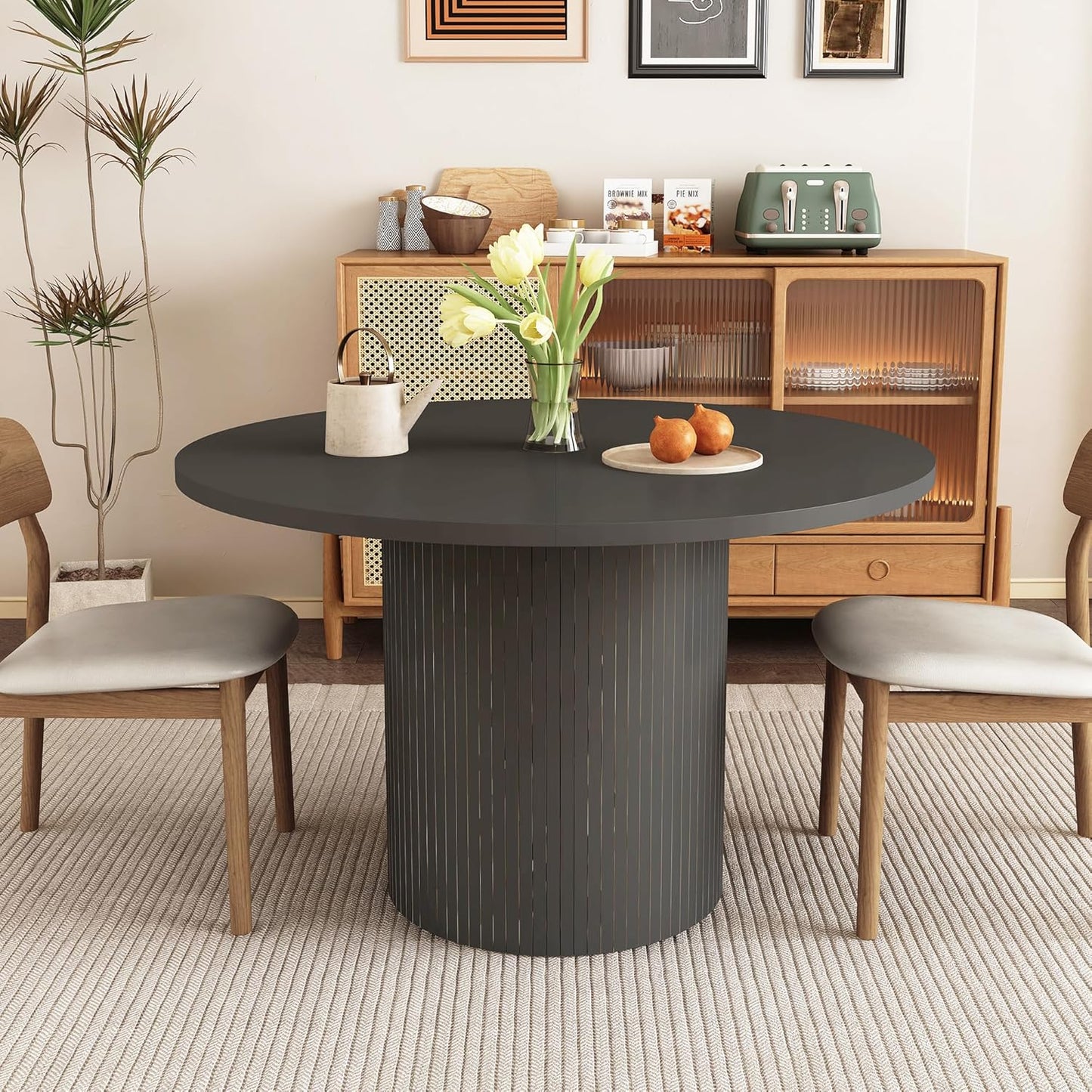 47 inch Round Dining Table for 4, Kitchen Table Dinner Table with 2-Layer Storage Shelf and Wood Slide Door for Home Dining Room Living Room (Natural)
