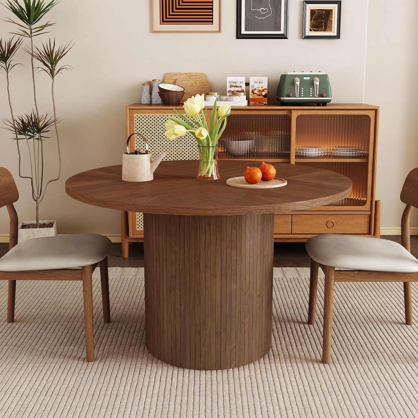 47 inch Round Dining Table for 4, Kitchen Table Dinner Table with 2-Layer Storage Shelf and Wood Slide Door for Home Dining Room Living Room (Natural)