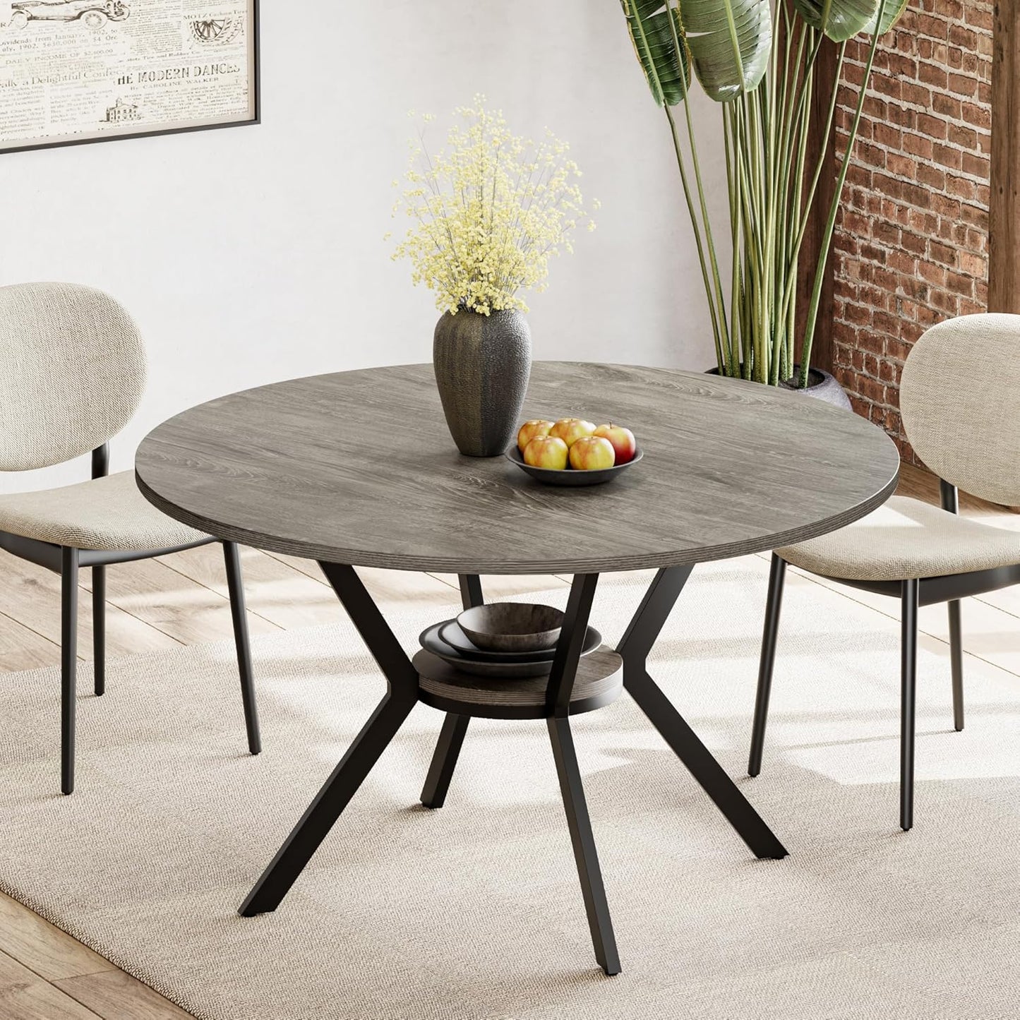 42" Round Dining Table for 4, Farmhouse Kitchen Table with Storage, Space Saving Circle Dinner Table, Rustic Wood Kitchen & Dining Room Tables with Metal Legs for Kitchen, Living Room, Dining Room