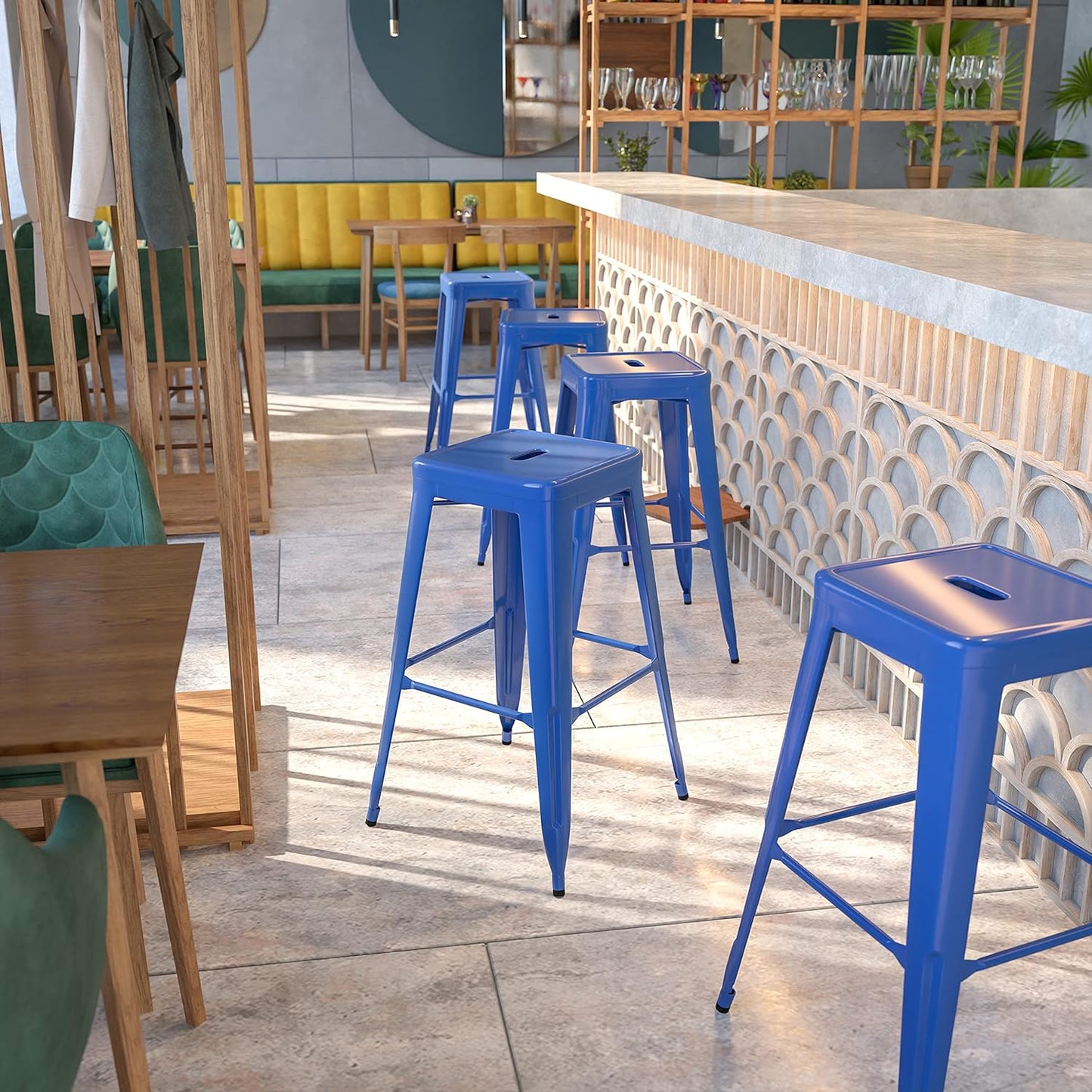 EMMA + OLIVER Commercial Grade 30" H Backless White Metal Indoor-Outdoor Barstool, Square