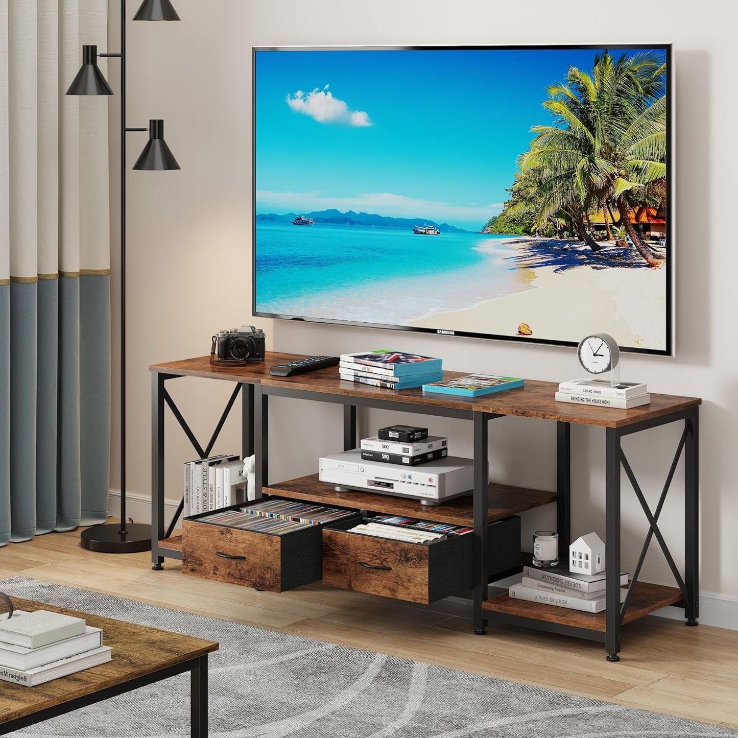 TV Stand with Fabric Drawer - Entertainment Center and Industrial TV Console Table with Open Storage Shelves for Living Room, Bedroom - 55.1" Rustic Brown