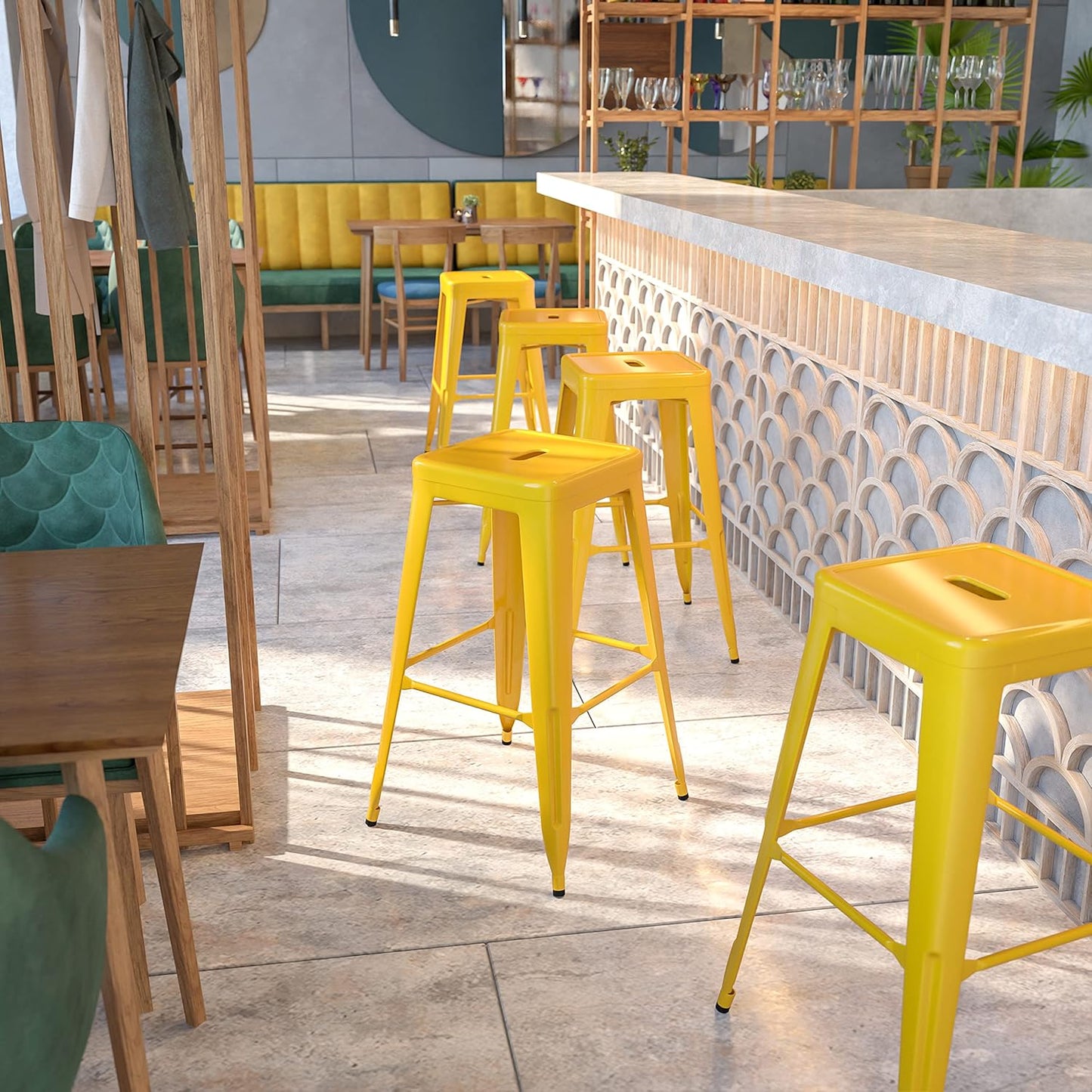 EMMA + OLIVER Commercial Grade 30" H Backless White Metal Indoor-Outdoor Barstool, Square