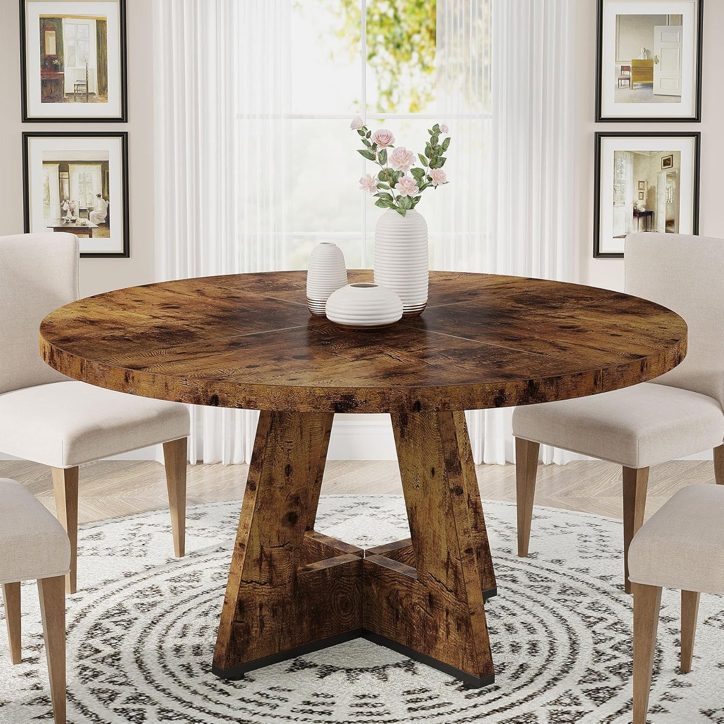 Tribesigns Round Dining Table Wood Kitchen Table for Dining Room, 47 in Dinning Room Tables for 4 Man, Farmhouse Dinner Table with Wooden Tabletop and Cross Base, Black