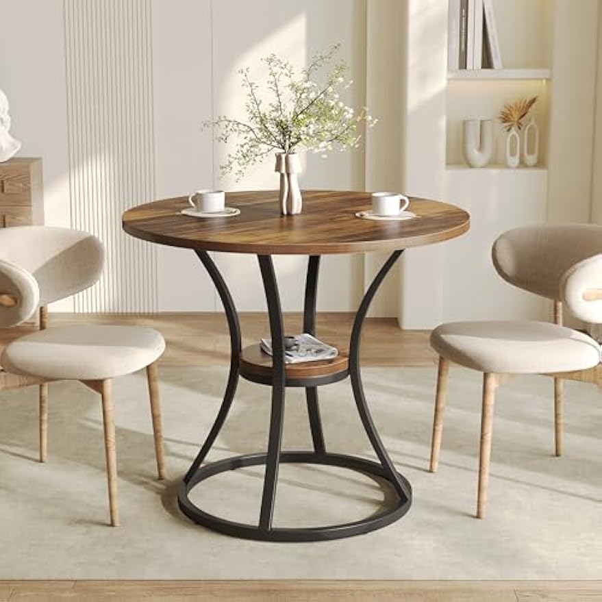 LITTLE TREE Round Dining Table for 4, Wooden Circle Dining Room Table with Storage Shelf, 2-Tier Dinner Tables Bistro Table for Living Room, Apartment, Rustic Brown