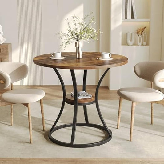 LITTLE TREE Round Dining Table for 4, Wooden Circle Dining Room Table with Storage Shelf, 2-Tier Dinner Tables Bistro Table for Living Room, Apartment, Rustic Brown