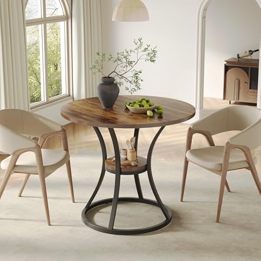LITTLE TREE Round Dining Table for 4, Wooden Circle Dining Room Table with Storage Shelf, 2-Tier Dinner Tables Bistro Table for Living Room, Apartment, Rustic Brown