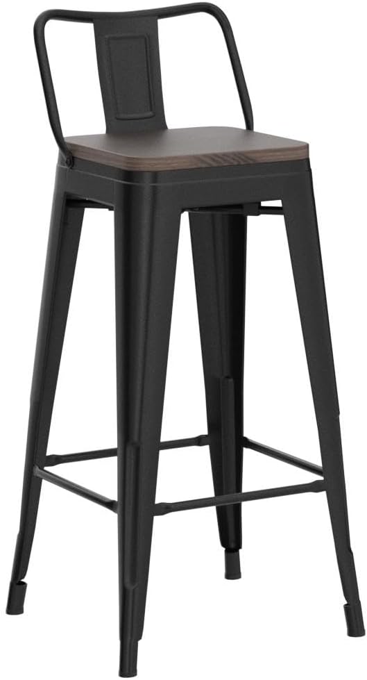 Yaheetech 30" Metal Barstools Set of 4 Bar Height Bar Stools with Wooden Top Low Back Industrial Bar Stools Metal Stool for Indoor-Outdoor Counter Stools with Wooden Seat Matte Black