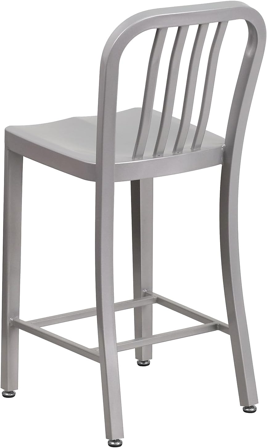 Flash Furniture 24" Commercial Grade Metal Counter Height Stool with Footrest, Modern Vertical Slat Back Stool for Restaurants and Kitchens, Silver
