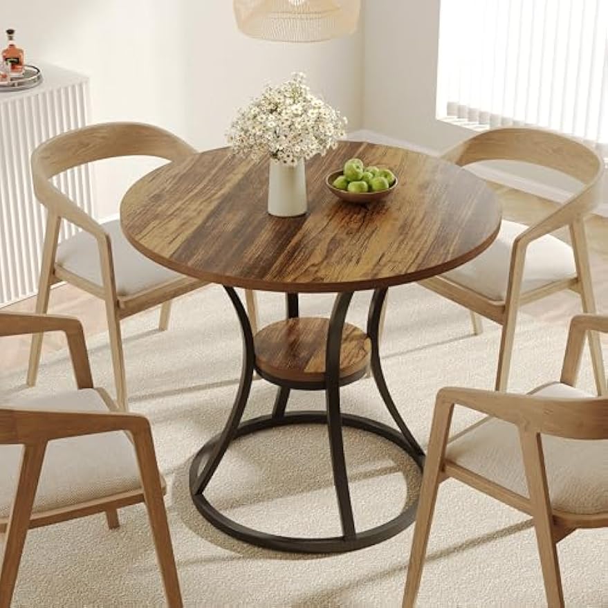 LITTLE TREE Round Dining Table for 4, Wooden Circle Dining Room Table with Storage Shelf, 2-Tier Dinner Tables Bistro Table for Living Room, Apartment, Rustic Brown