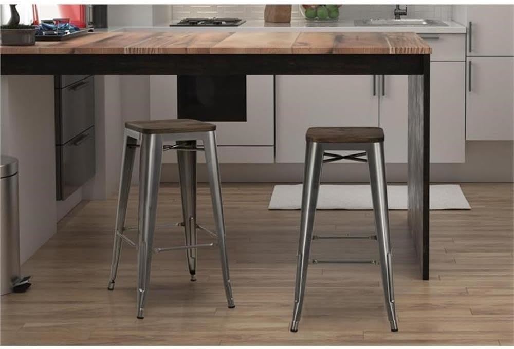 DHP Fusion Metal Backless 30" Barstool with Wood Seat, Distressed Metal Finish for Industrial Appeal, Set of two, Antique Gun Metal