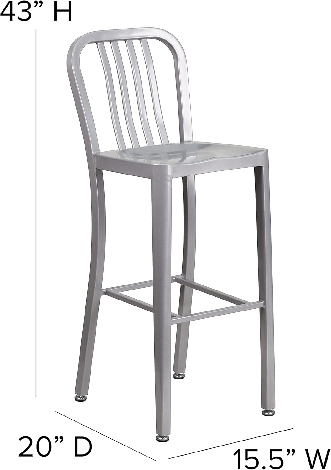 Flash Furniture Gael 30" Commercial Metal Barstools with Footrest, Vertical Slat Back Bar Height Stools for Restaurants and Kitchens, Set of 2, Silver
