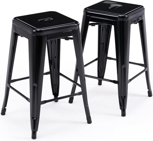 Vogue Furniture Direct 24" Bar Stools Black Backless Metal Barstools Indoor-Outdoor Counter Height Stools with Square Seat, Set of 2 - VF1571001