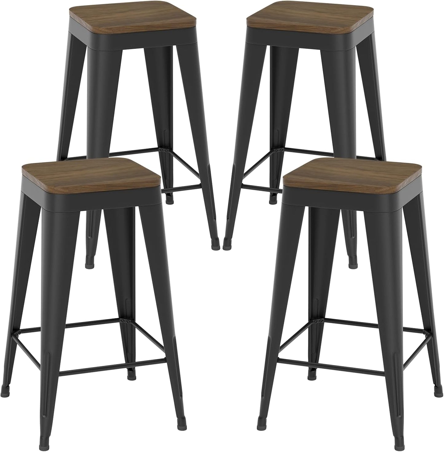 Black Bar Stools Set of 4, Metal Bar Stools with Wooden Seat, Modern 24”Counter Height Barstools with Low Back