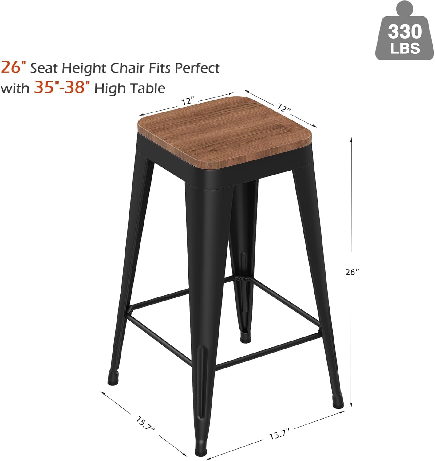 Barstools Set of 4 White Metal Bar Stools Industrial Modern Bar Chairs with Wood Top for Kitchen Island Counter Height Cafe Resturant Stools (Black Without Back, 26 inch Counter Height)