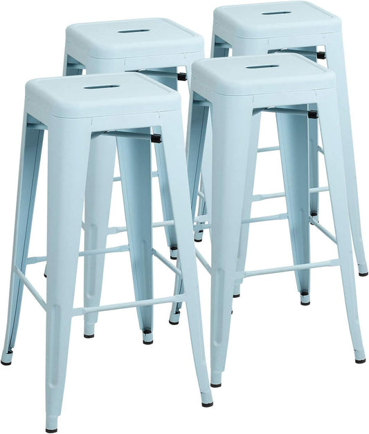 Furniwell 30 Inches Metal Bar Stools High Backless Tolix Indoor-Outdoor Stackable Barstool with Square Counter Seat Set of 4 (Blue)