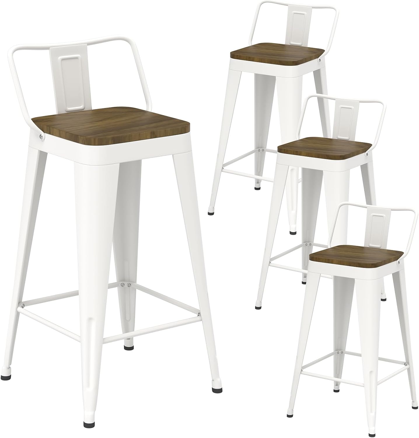 Black Bar Stools Set of 4, Metal Bar Stools with Wooden Seat, Modern 24”Counter Height Barstools with Low Back