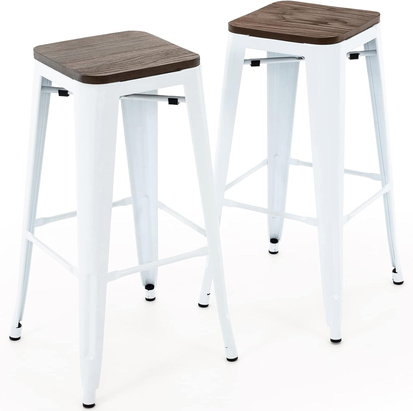 Brage Living 30 Inch Metal Bar Stools with Square Solid Elm Wood Seat Top, Backless Stackable Industrial Barstools Set of 2 (Black)