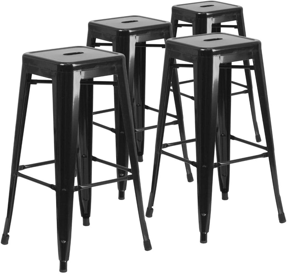 Flash Furniture 30"H Commercial Modern Metal Backless Barstool, Indoor/Outdoor Industrial Square Stacking Bar Stool for Patio Bars/Restaurants, Black