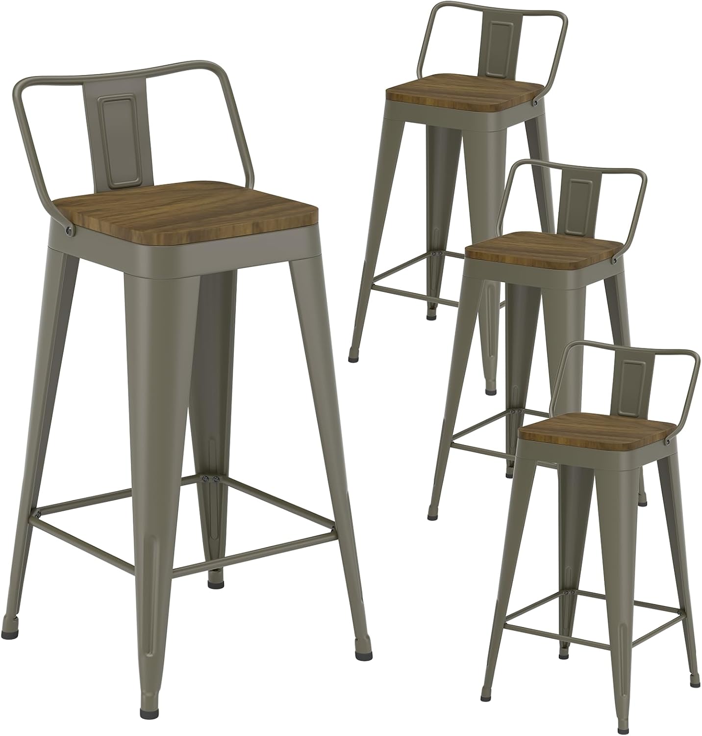 Black Bar Stools Set of 4, Metal Bar Stools with Wooden Seat, Modern 24”Counter Height Barstools with Low Back