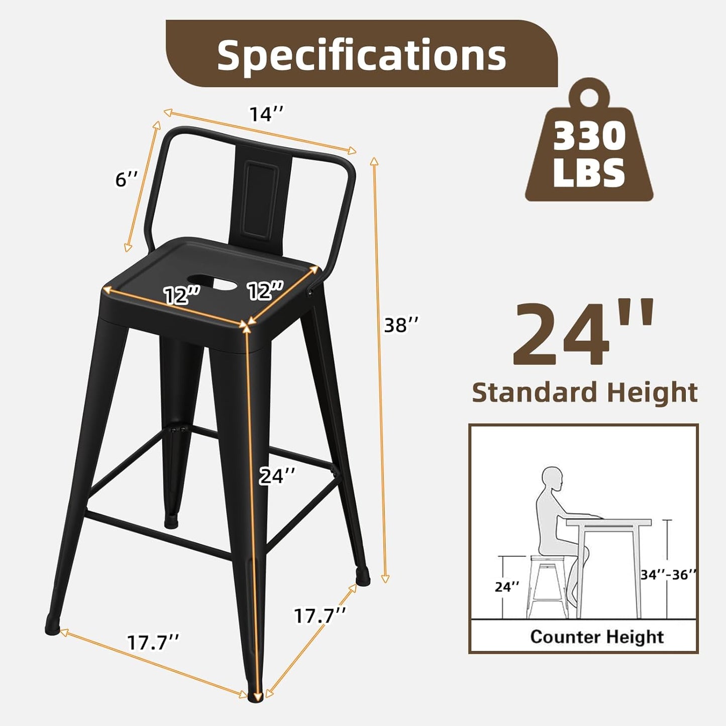 24 Inch Metal Bar Stools Set of 4, Counter Height Bar Stools with Low Back,Modern Industrial Bar Chairs for Kitchen (Matte Black)