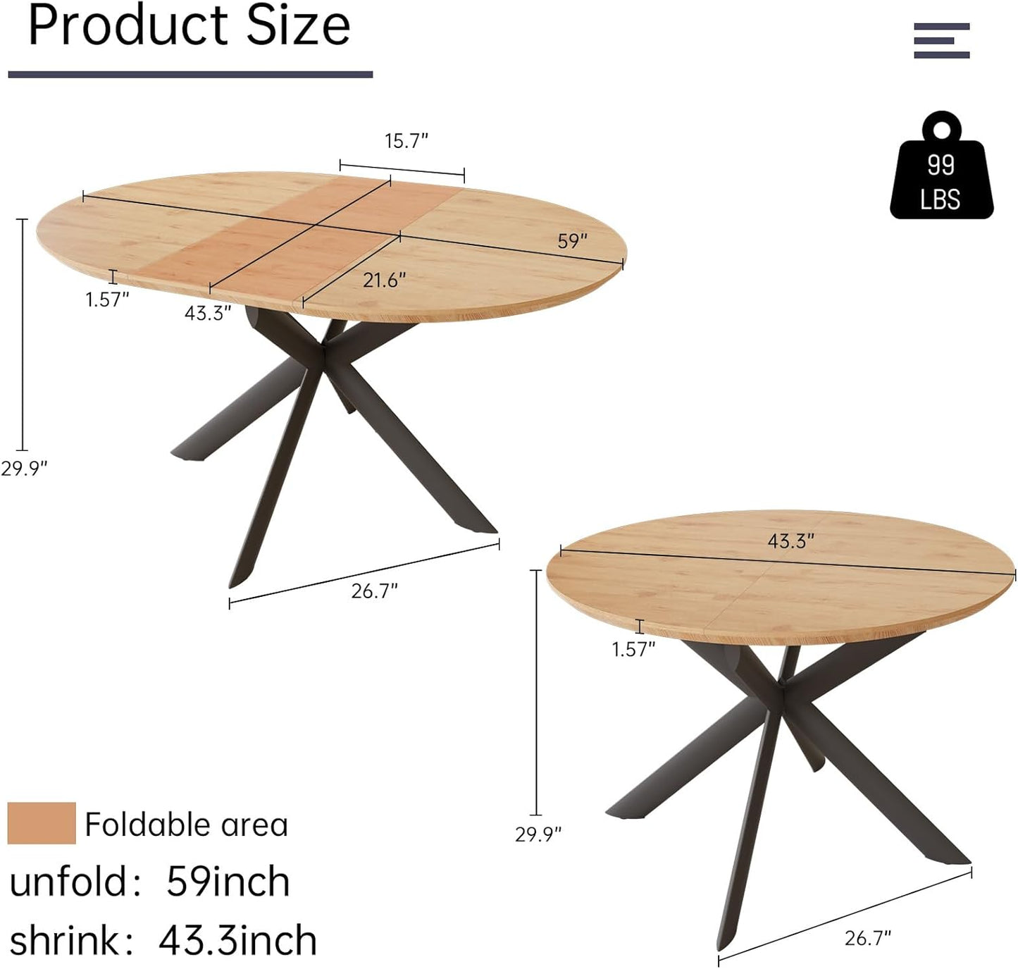 43.2"-59.1" Extendable Round Dining Table, Mid Century Modern Wooden Round Table, Leisure Oak Coffee Table,Saving Space
