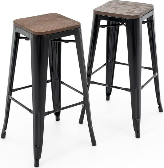Brage Living 30 Inch Metal Bar Stools with Square Solid Elm Wood Seat Top, Backless Stackable Industrial Barstools Set of 2 (Black)