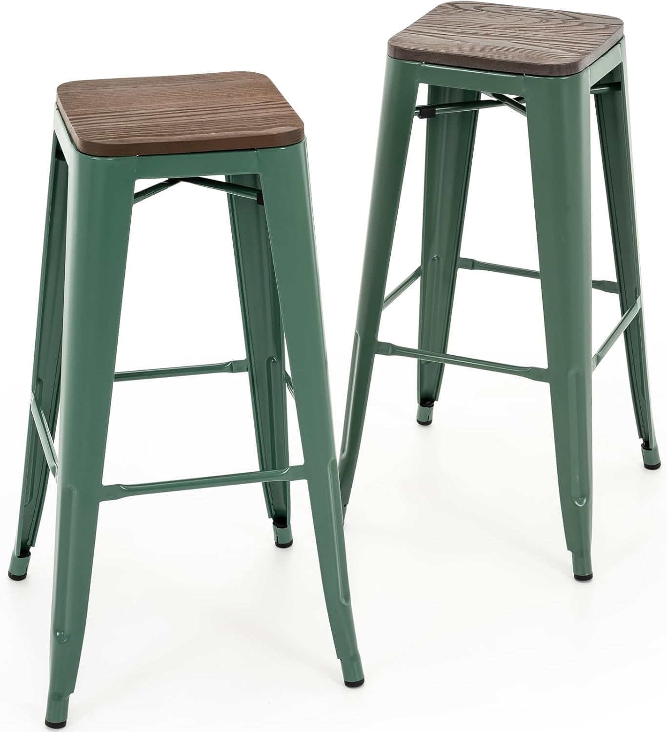 Brage Living 30 Inch Metal Bar Stools with Square Solid Elm Wood Seat Top, Backless Stackable Industrial Barstools Set of 2 (Black)