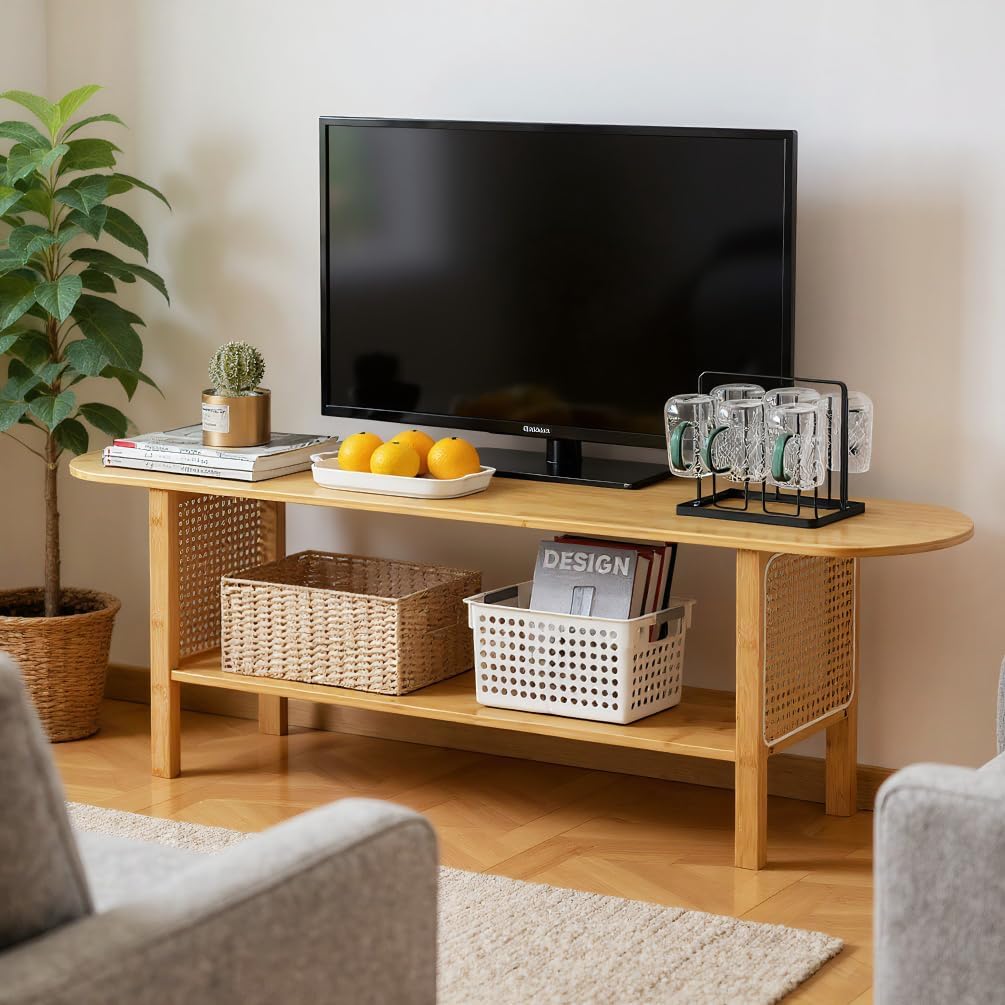 Tiita TV Stand with Storage for TVs up to 65'', Bamboo TV Console Entertainment Center with 2 Open Shelf, Mid Century Modern Media Console for Living Room, Bedroom, Walnut