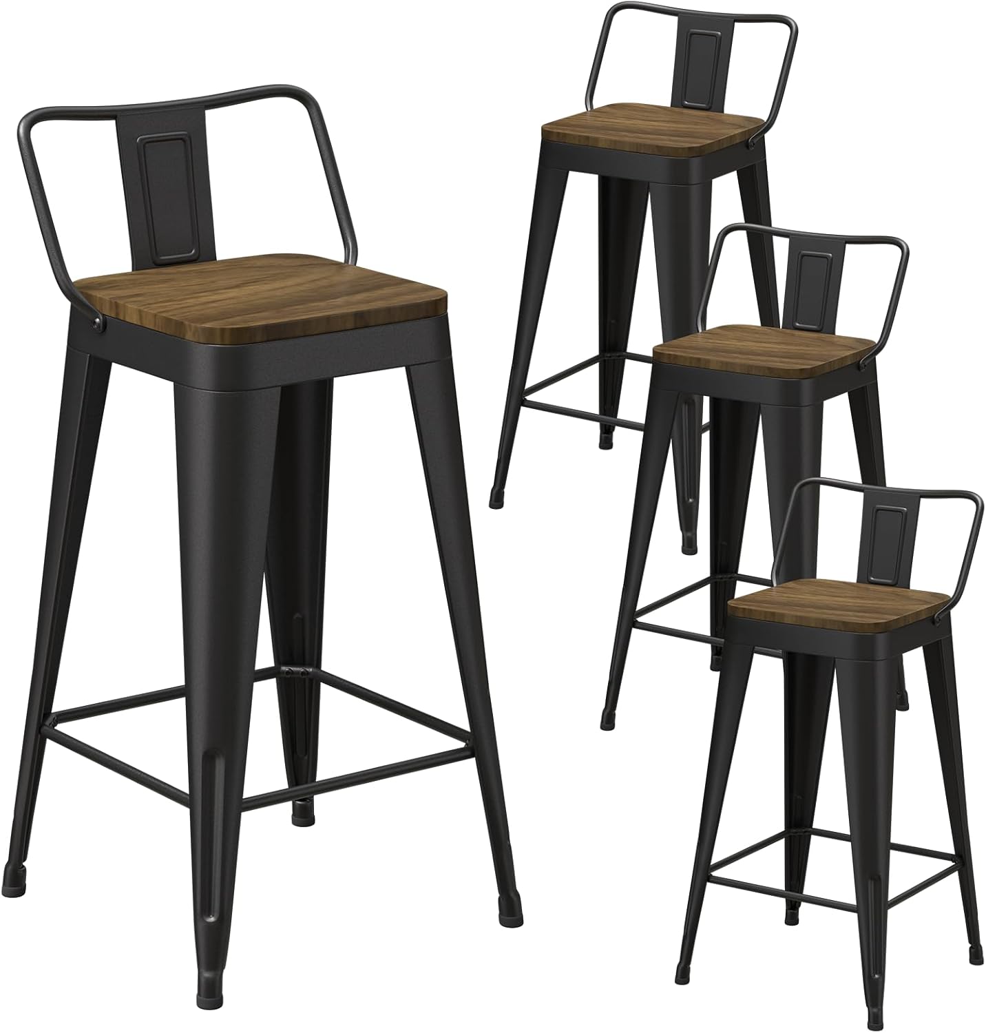 Black Bar Stools Set of 4, Metal Bar Stools with Wooden Seat, Modern 24”Counter Height Barstools with Low Back