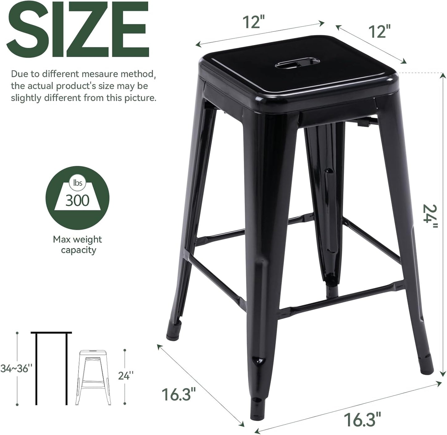 Vogue Furniture Direct 24" Bar Stools Black Backless Metal Barstools Indoor-Outdoor Counter Height Stools with Square Seat, Set of 2 - VF1571001