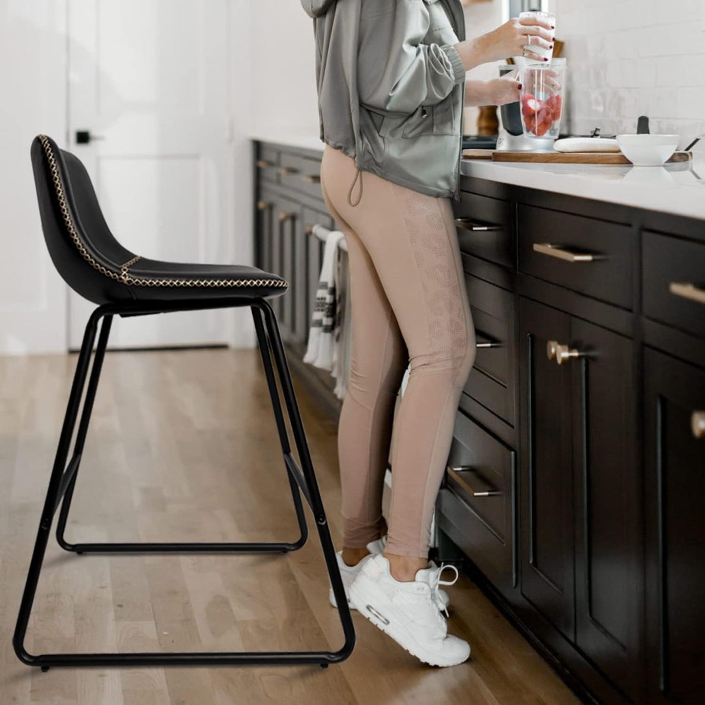 HeuGah Bar stools Set of 2,Faux Leather Counter Height Bar Stools,Dining Room Chairs with Metal Legs & Soft Backrest Easy to Assemble