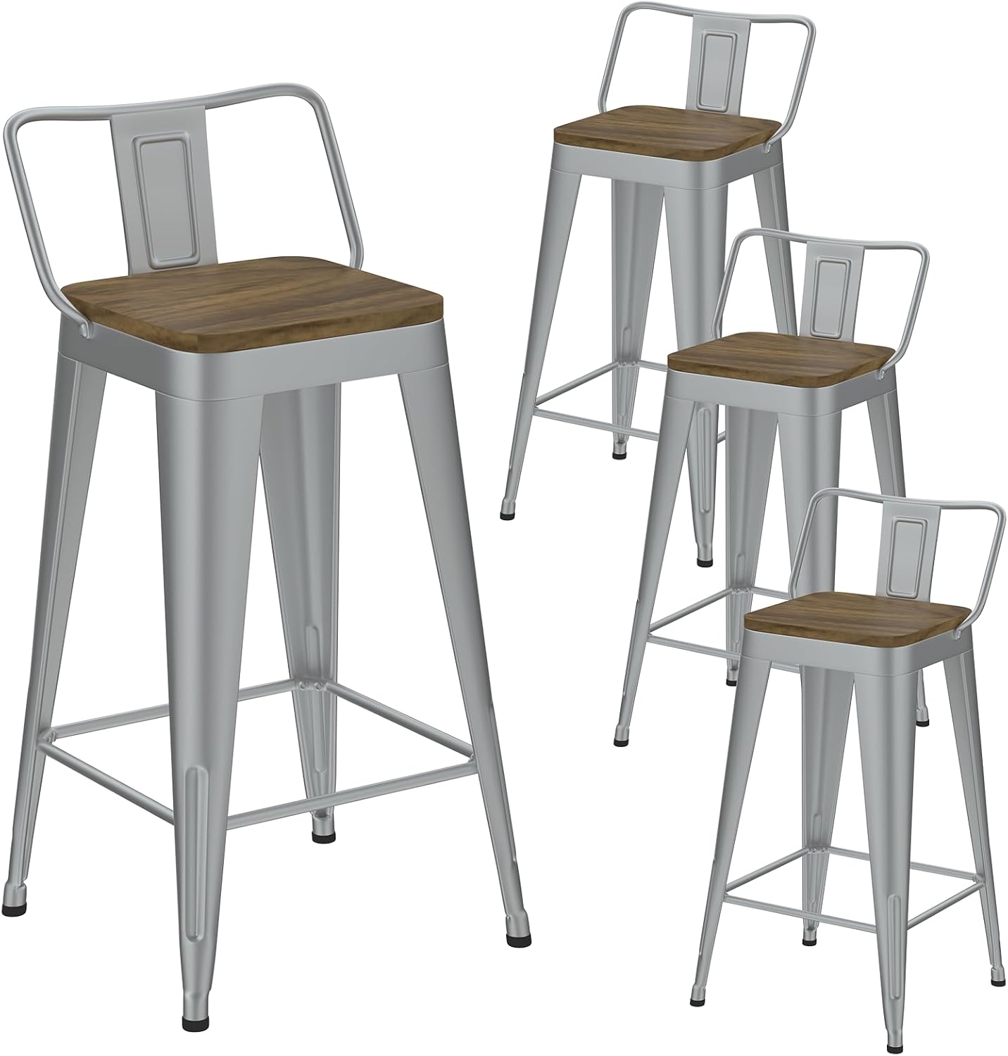 Black Bar Stools Set of 4, Metal Bar Stools with Wooden Seat, Modern 24”Counter Height Barstools with Low Back