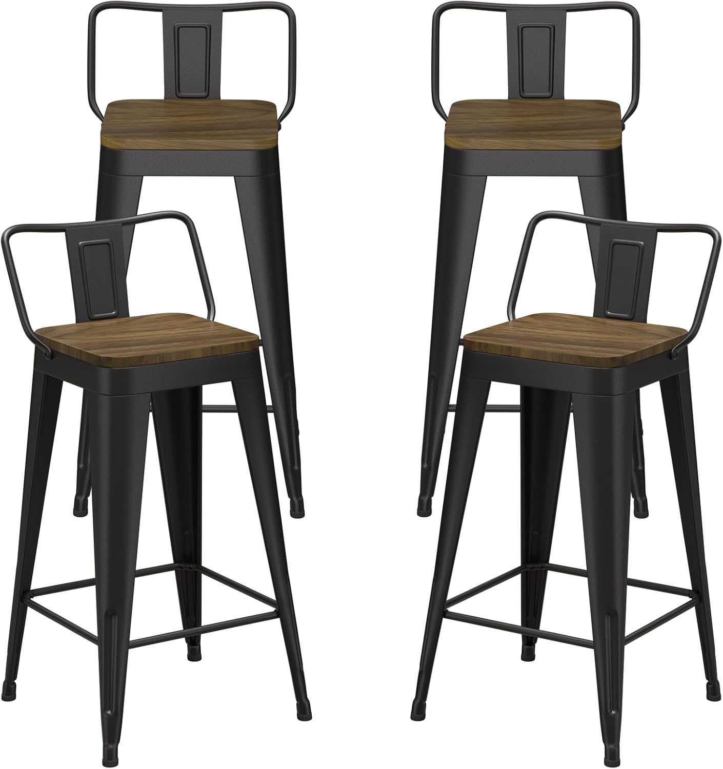 24 Inch Metal Bar Stools Set of 4, Counter Height Bar Stools with Low Back,Modern Industrial Bar Chairs for Kitchen (Matte Black)