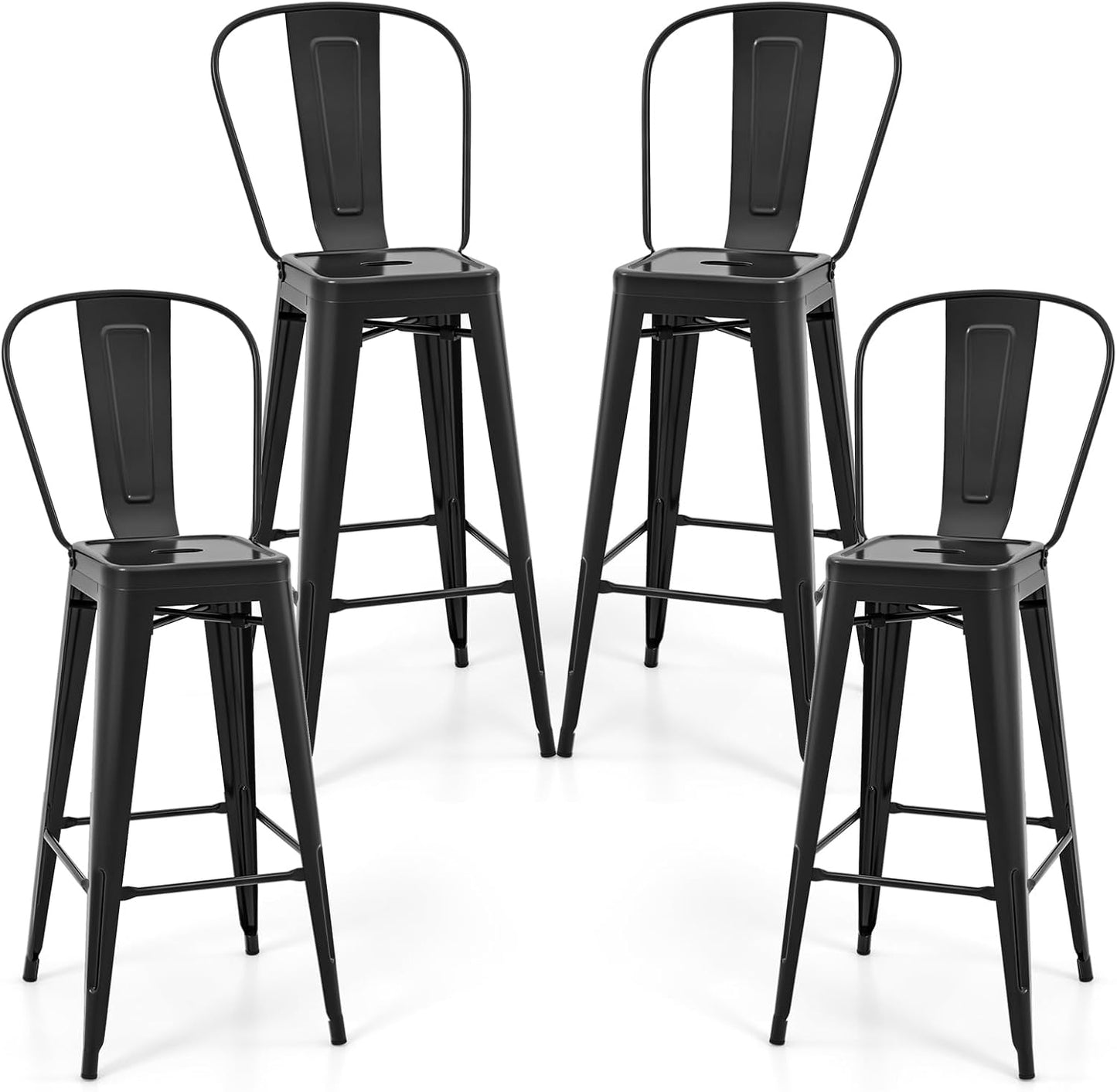 COSTWAY 30'' Metal Bar stools Set of 4, with Removable Back,Bar Height Stools with Rubber Feet, Stylish and Modern Chairs, for Kitchen, Dining Rooms, and Side Bar (Black-Update, 30'')