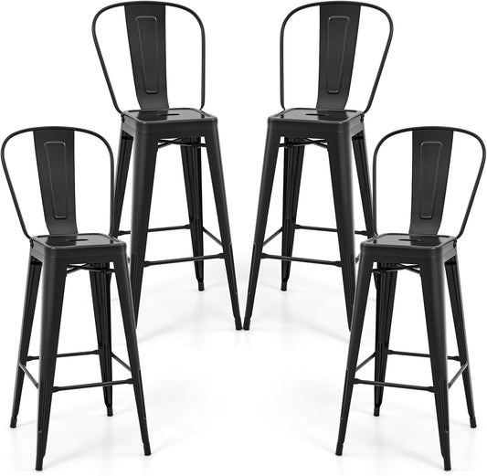 COSTWAY 30'' Metal Bar stools Set of 4, with Removable Back,Bar Height Stools with Rubber Feet, Stylish and Modern Chairs, for Kitchen, Dining Rooms, and Side Bar (Black-Update, 30'')