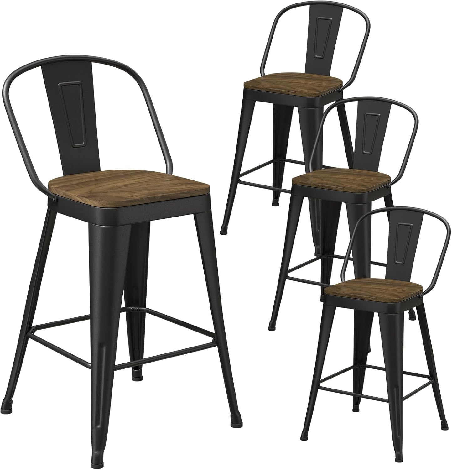 Black Bar Stools Set of 4, Metal Bar Stools with Wooden Seat, Modern 24”Counter Height Barstools with Low Back