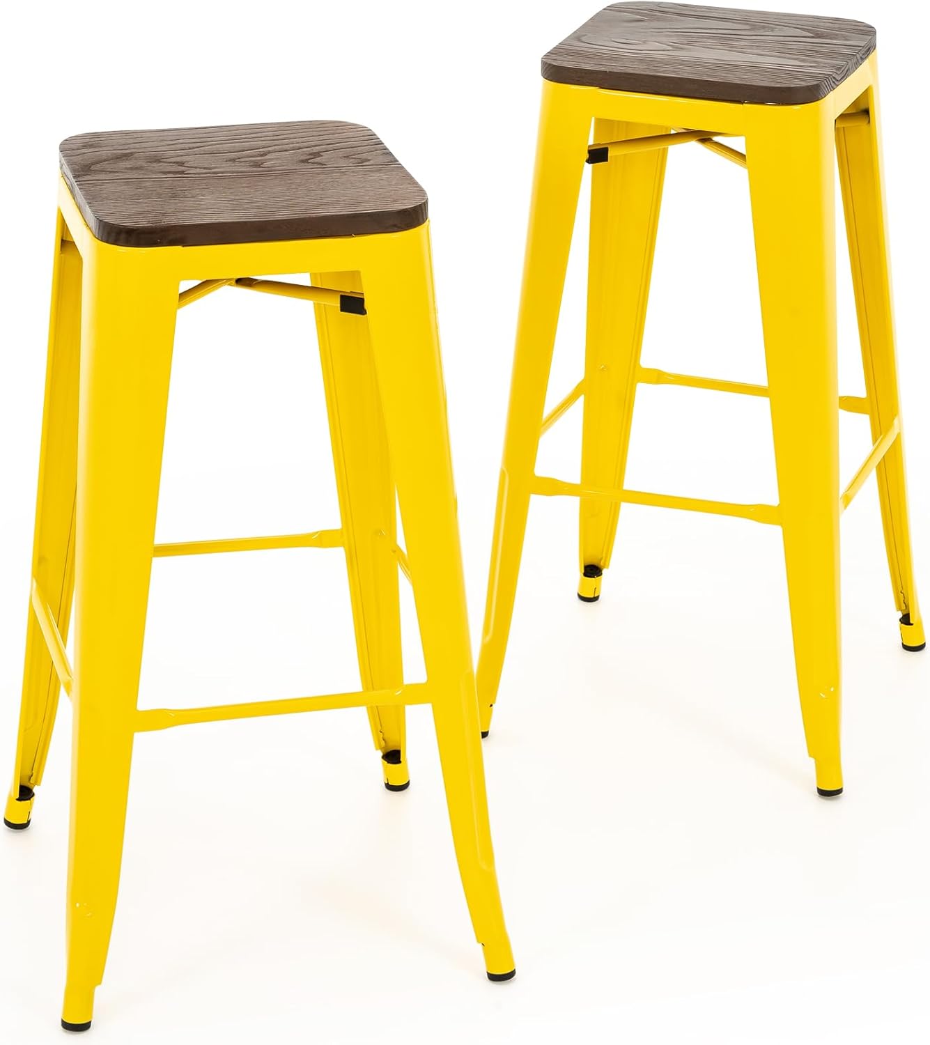 Brage Living 30 Inch Metal Bar Stools with Square Solid Elm Wood Seat Top, Backless Stackable Industrial Barstools Set of 2 (Black)
