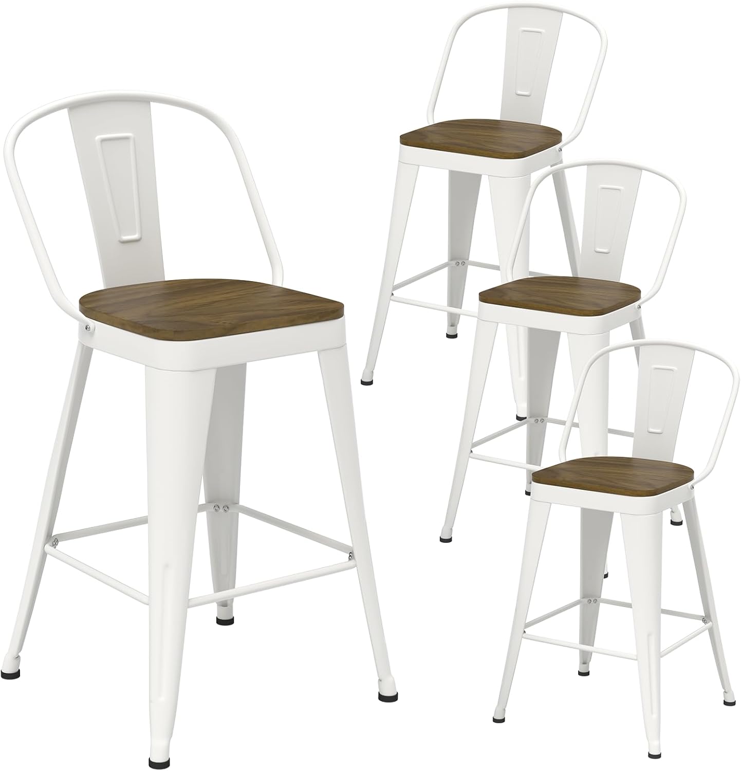 Black Bar Stools Set of 4, Metal Bar Stools with Wooden Seat, Modern 24”Counter Height Barstools with Low Back