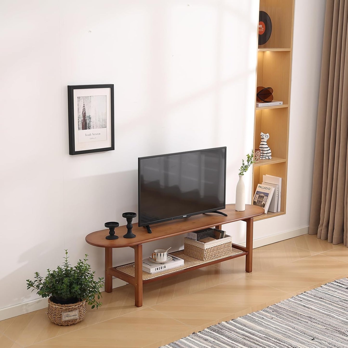Tiita TV Stand with Storage for TVs up to 65'', Bamboo TV Console Entertainment Center with 2 Open Shelf, Mid Century Modern Media Console for Living Room, Bedroom, Walnut