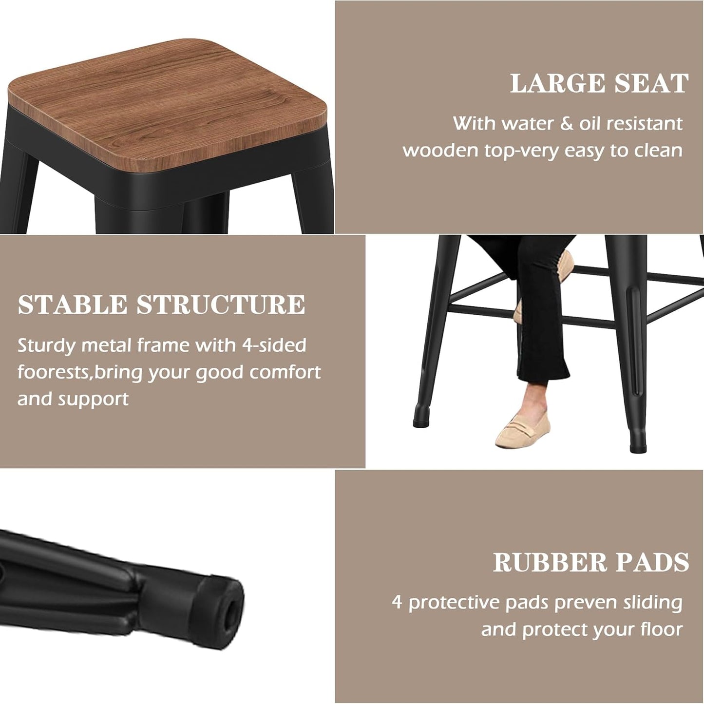 Barstools Set of 4 White Metal Bar Stools Industrial Modern Bar Chairs with Wood Top for Kitchen Island Counter Height Cafe Resturant Stools (Black Without Back, 26 inch Counter Height)