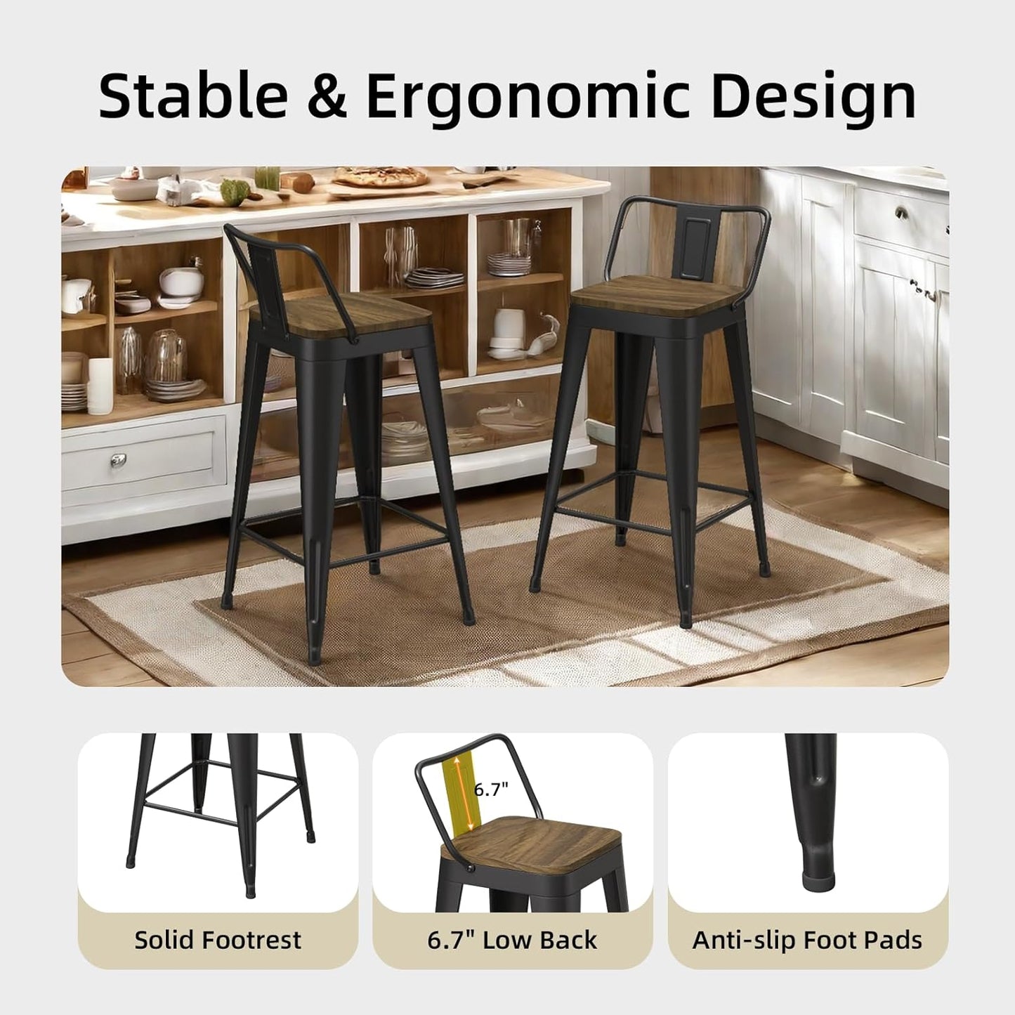 Black Bar Stools Set of 4, Metal Bar Stools with Wooden Seat, Modern 24”Counter Height Barstools with Low Back
