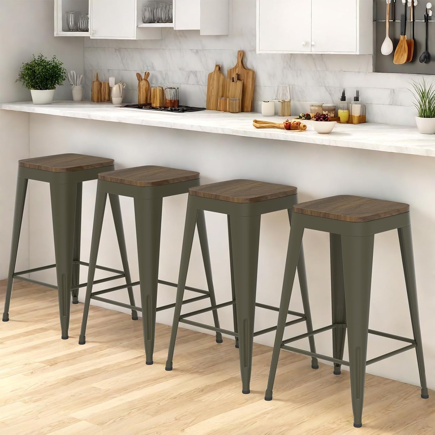 24 Inch Metal Bar Stools Set of 4, Counter Height Bar Stools with Low Back,Modern Industrial Bar Chairs for Kitchen (Matte Black)
