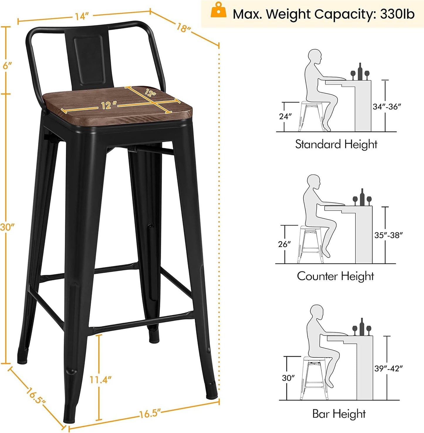 Yaheetech 30" Metal Barstools Set of 4 Bar Height Bar Stools with Wooden Top Low Back Industrial Bar Stools Metal Stool for Indoor-Outdoor Counter Stools with Wooden Seat Matte Black